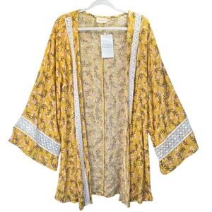 Ninexis Womens M/L Yellow Open Cardigan Small Floral Print Bell Sleeves Cottage